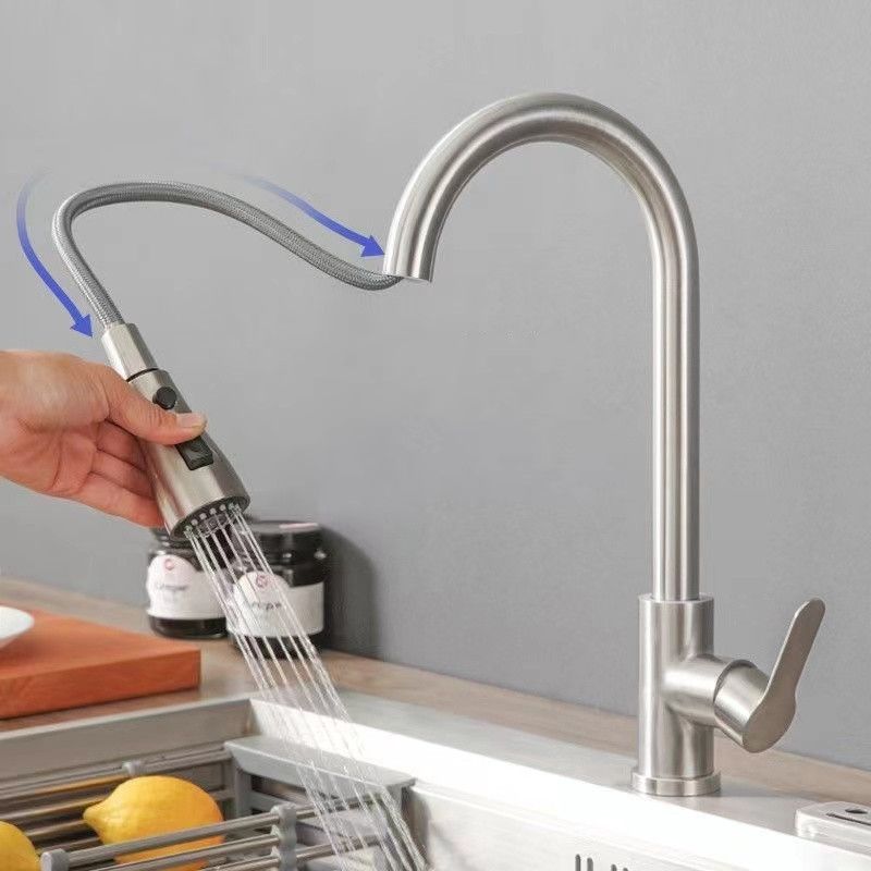 Modern 1-Handle 1-Hole Faucet Stainless Steel with Pull out Sprayer Faucet Clearhalo 'Home Improvement' 'home_improvement' 'home_improvement_kitchen_faucets' 'Kitchen Faucets' 'Kitchen Remodel & Kitchen Fixtures' 'Kitchen Sinks & Faucet Components' 'kitchen_faucets' 1200x1200_472436b7-5f3f-43f0-8266-ec61f85d5541