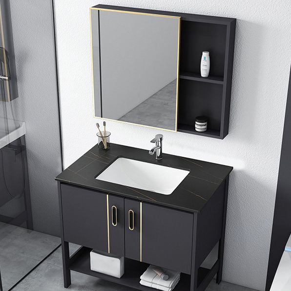 Single Sink Vanity Shelving Included Metal Frame 2 Doors Freestanding Modern Vanity Clearhalo 'Bathroom Remodel & Bathroom Fixtures' 'Bathroom Vanities' 'bathroom_vanities' 'Home Improvement' 'home_improvement' 'home_improvement_bathroom_vanities' 1200x1200_49b9681d-1fb6-4312-8640-4f362f542815