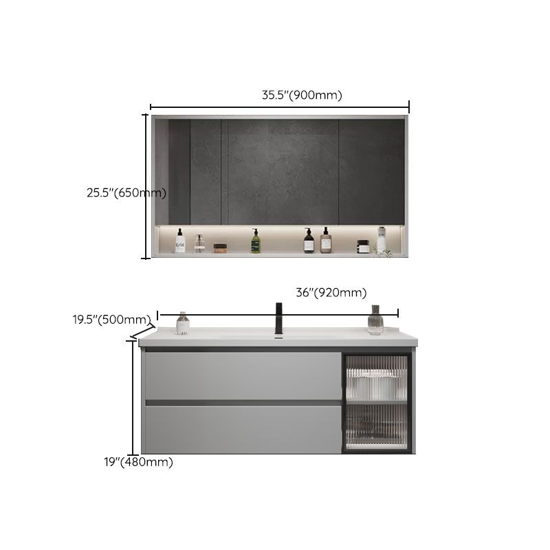 Wall Mounted Bathroom Vanity Set Mirror Wood Frame 2 Drawers Single Sink in Grey Clearhalo 'Bathroom Remodel & Bathroom Fixtures' 'Bathroom Vanities' 'bathroom_vanities' 'Home Improvement' 'home_improvement' 'home_improvement_bathroom_vanities' 1200x1200_49dd0d58-1ee1-4b24-8264-ba0dea21a8b1