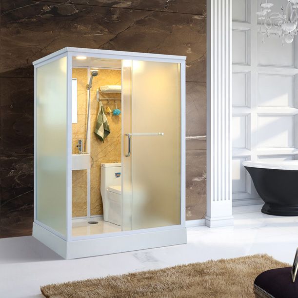 Frosted Glass Single Sliding Shower Enclosure Framed Shower Kit in White Clearhalo 'Bathroom Remodel & Bathroom Fixtures' 'Home Improvement' 'home_improvement' 'home_improvement_shower_stalls_enclosures' 'Shower Stalls & Enclosures' 'shower_stalls_enclosures' 'Showers & Bathtubs' 1200x1200_4a792239-23a4-42e8-9d01-af8401ff8a5a