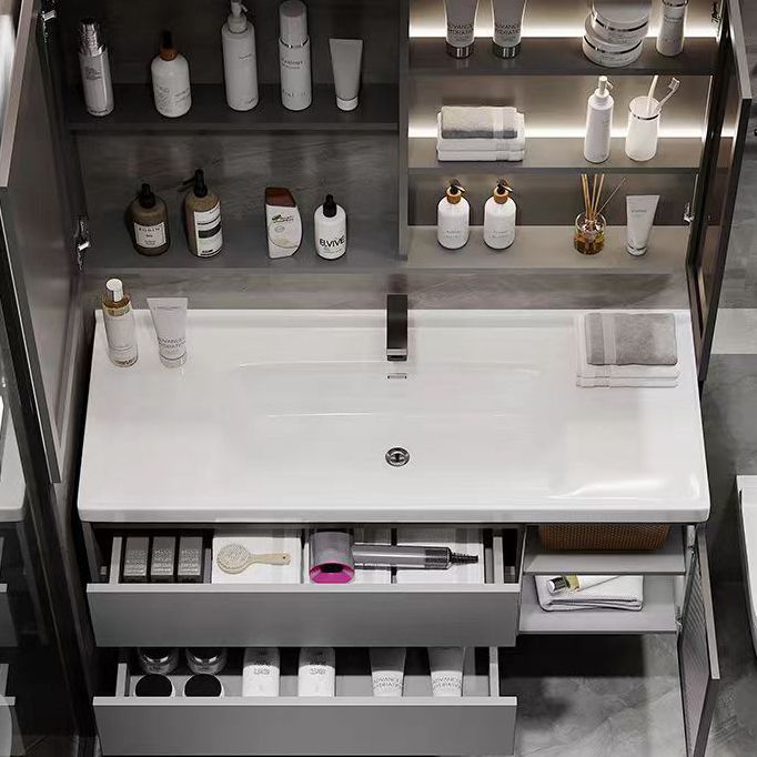 Wall Mount Bath Vanity Grey Metal Frame Mirror Single Sink Bathroom Vanity with Drawers Clearhalo 'Bathroom Remodel & Bathroom Fixtures' 'Bathroom Vanities' 'bathroom_vanities' 'Home Improvement' 'home_improvement' 'home_improvement_bathroom_vanities' 1200x1200_4bbb09a6-fa1f-450e-ad11-3c43b686f842