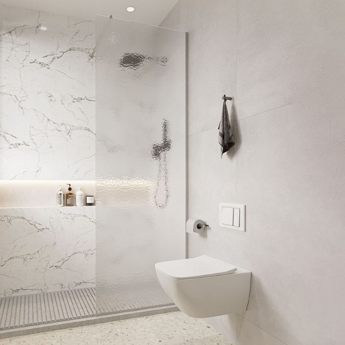 Minimalist Fixed Semi-partition Water Ripple Glass Shower Screen Clearhalo 'Bathroom Remodel & Bathroom Fixtures' 'Home Improvement' 'home_improvement' 'home_improvement_shower_tub_doors' 'Shower and Tub Doors' 'shower_tub_doors' 'Showers & Bathtubs' 1200x1200_4c1c8da7-1475-4ef4-86b5-6c6a4532befe