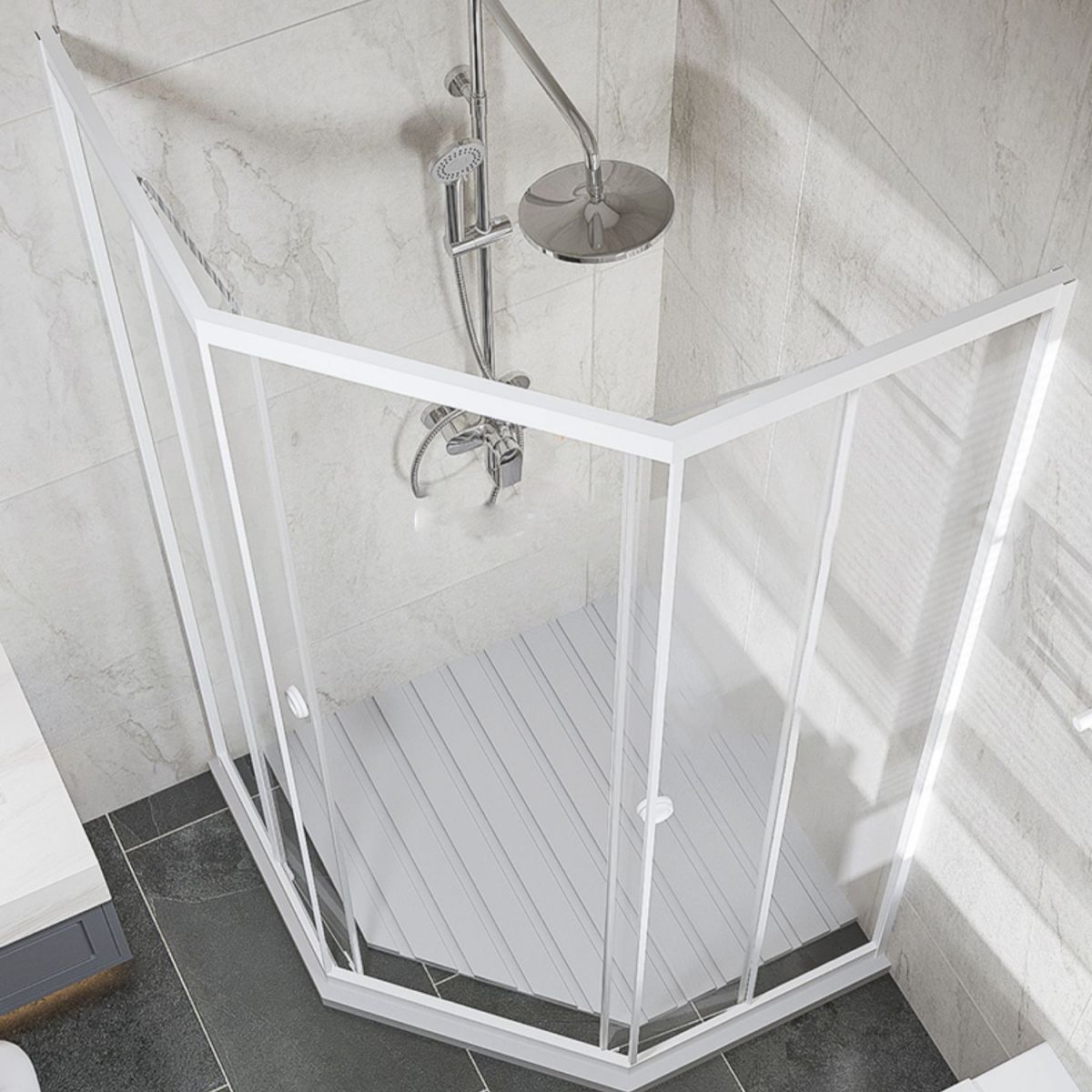 Neo-Angle Clear Tempered Shower Enclosure Framed Double Sliding Shower Kit Clearhalo 'Bathroom Remodel & Bathroom Fixtures' 'Home Improvement' 'home_improvement' 'home_improvement_shower_stalls_enclosures' 'Shower Stalls & Enclosures' 'shower_stalls_enclosures' 'Showers & Bathtubs' 1200x1200_4d0e2394-6068-41f9-91b4-76902b4b7de5