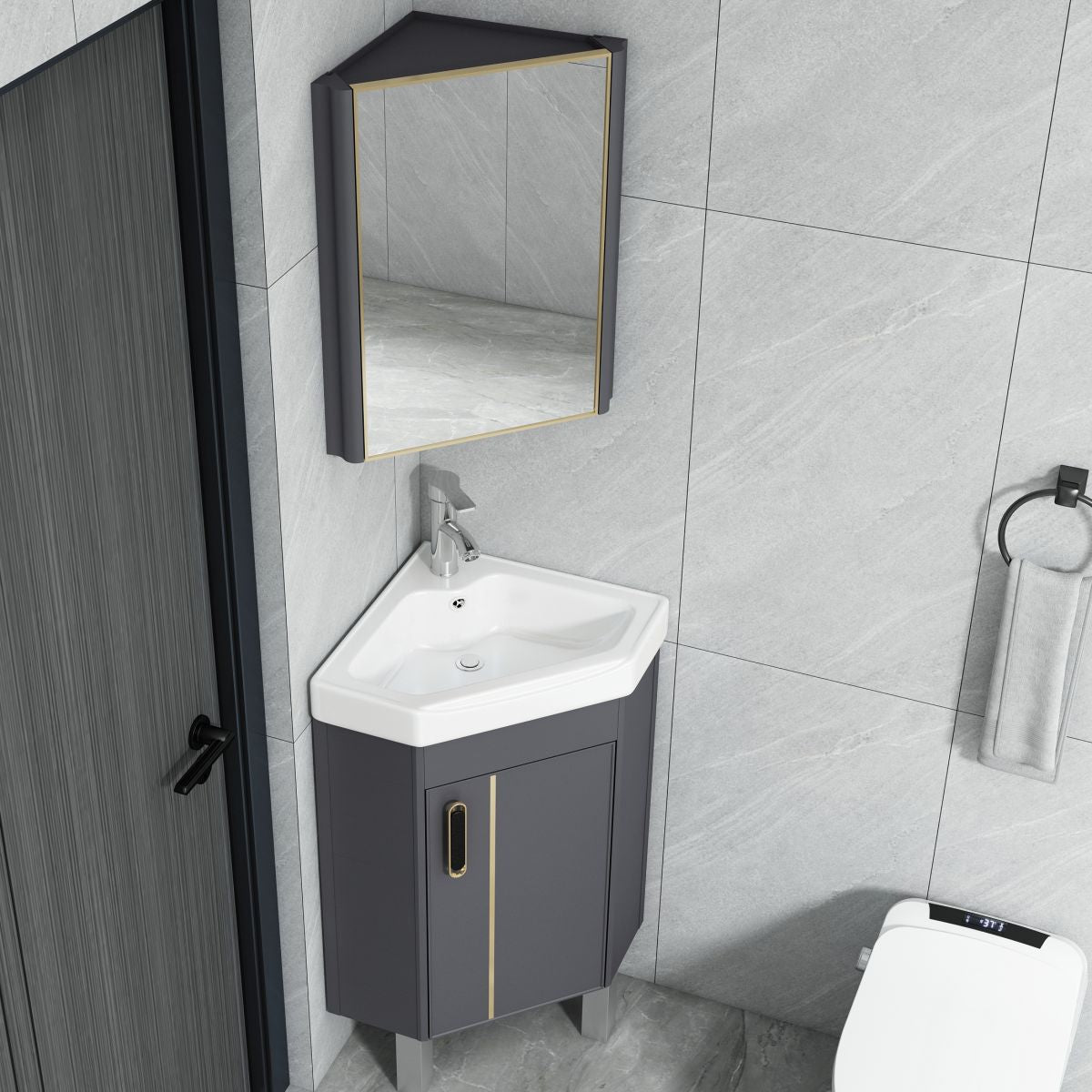 Contemporary Sink Vanity Triangular Wall Mounted Corner Bath Vanity Clearhalo 'Bathroom Remodel & Bathroom Fixtures' 'Bathroom Vanities' 'bathroom_vanities' 'Home Improvement' 'home_improvement' 'home_improvement_bathroom_vanities' 1200x1200_4efbd548-eea7-420e-9d98-baa1912a7963