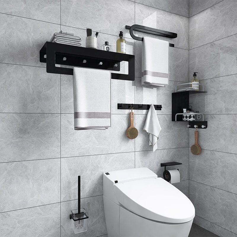 Black 6-Piece Bathroom Accessory Set Modern Shower Curtain Rod / Robe Hook and Towel Bar Clearhalo 'Bathroom Hardware Sets' 'Bathroom Hardware' 'Bathroom Remodel & Bathroom Fixtures' 'bathroom_hardware_sets' 'Home Improvement' 'home_improvement' 'home_improvement_bathroom_hardware_sets' 1200x1200_4f1be972-3f1b-49dd-a013-5d233c5a6806