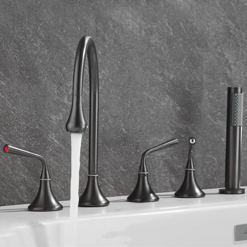 Modern Deck Mounted Metal Tub Filler Three Handles High Arch Faucet Clearhalo 'Bathroom Remodel & Bathroom Fixtures' 'Bathtub Faucets' 'bathtub_faucets' 'Home Improvement' 'home_improvement' 'home_improvement_bathtub_faucets' 1200x1200_4f5bd95b-8a4c-47df-8334-6532e8416abe