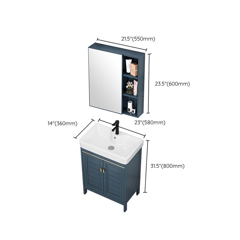 Blue Bath Vanity Freestanding 2 Doors Mirror Single Sink Rectangular Metal Frame Vanity Clearhalo 'Bathroom Remodel & Bathroom Fixtures' 'Bathroom Vanities' 'bathroom_vanities' 'Home Improvement' 'home_improvement' 'home_improvement_bathroom_vanities' 1200x1200_513d0476-0376-4d77-82e3-c4c77309dc9b