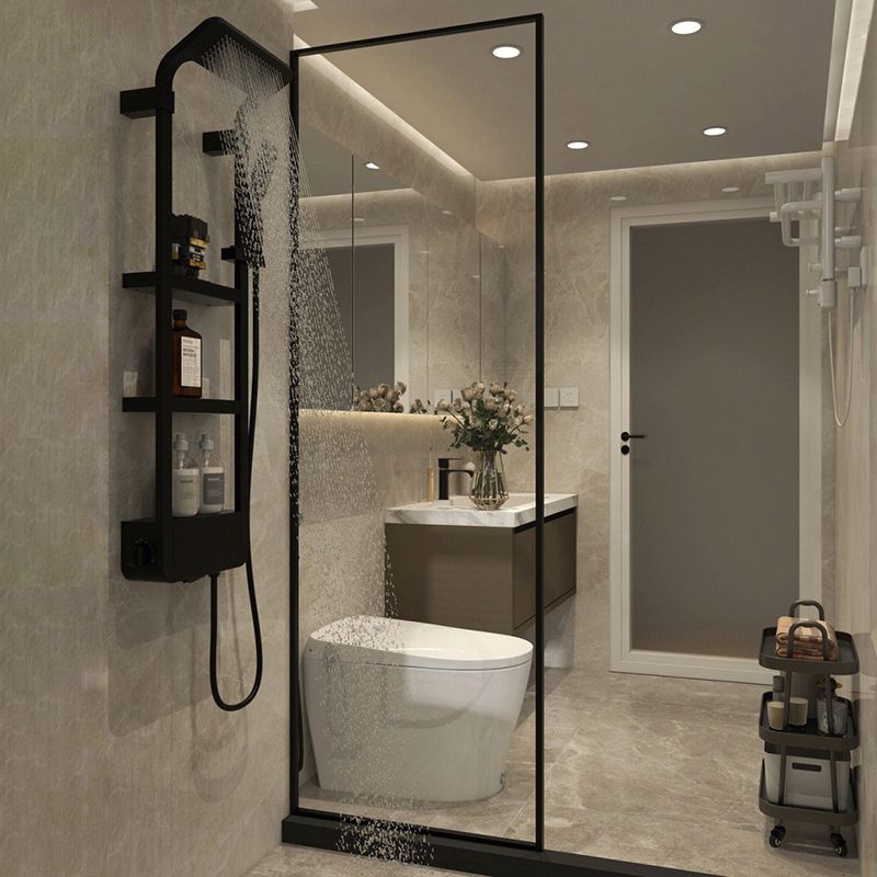 Black Fixed Shower Screen Full Frame Half Partition Shower Door Clearhalo 'Bathroom Remodel & Bathroom Fixtures' 'Home Improvement' 'home_improvement' 'home_improvement_shower_tub_doors' 'Shower and Tub Doors' 'shower_tub_doors' 'Showers & Bathtubs' 1200x1200_52263b6a-0ecf-49b2-a9f4-02335b9e4537