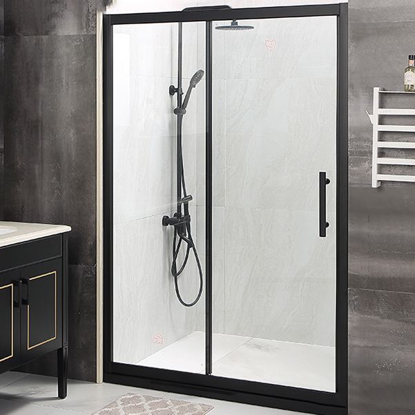 Modern Black Frame Shower Bath Door Transparent Single Sliding Shower Door Clearhalo 'Bathroom Remodel & Bathroom Fixtures' 'Home Improvement' 'home_improvement' 'home_improvement_shower_tub_doors' 'Shower and Tub Doors' 'shower_tub_doors' 'Showers & Bathtubs' 1200x1200_52dfd218-03f5-499c-b3d6-3483f844130f