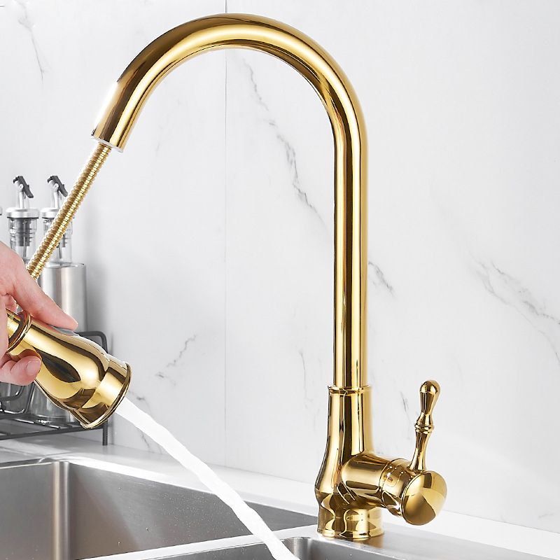 Brushed Gold Kitchen Sink Faucet High Arch Swivel Spout with Pull Out Sprayer Clearhalo 'Home Improvement' 'home_improvement' 'home_improvement_kitchen_faucets' 'Kitchen Faucets' 'Kitchen Remodel & Kitchen Fixtures' 'Kitchen Sinks & Faucet Components' 'kitchen_faucets' 1200x1200_52ef44b0-7dc1-4d9a-b725-15175b44d818