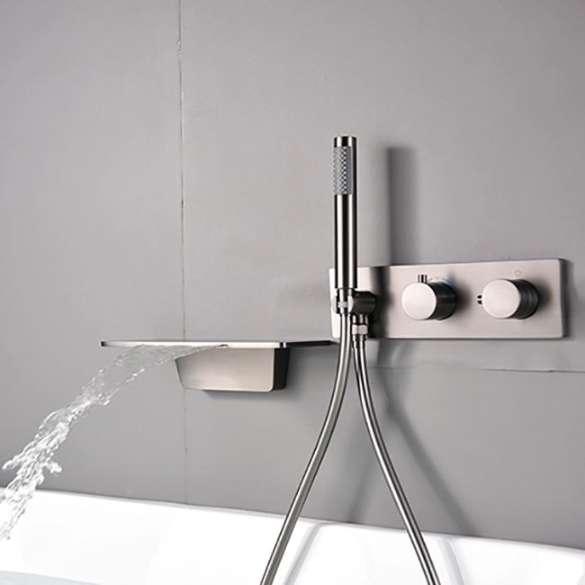 Modern Bath Filler Trim Brass Knob Handles with Hand Shower Waterfall Wall Mount Faucet Clearhalo 'Bathroom Remodel & Bathroom Fixtures' 'Bathtub Faucets' 'bathtub_faucets' 'Home Improvement' 'home_improvement' 'home_improvement_bathtub_faucets' 1200x1200_53796beb-0f85-4899-bd06-e5d9c0159a0c