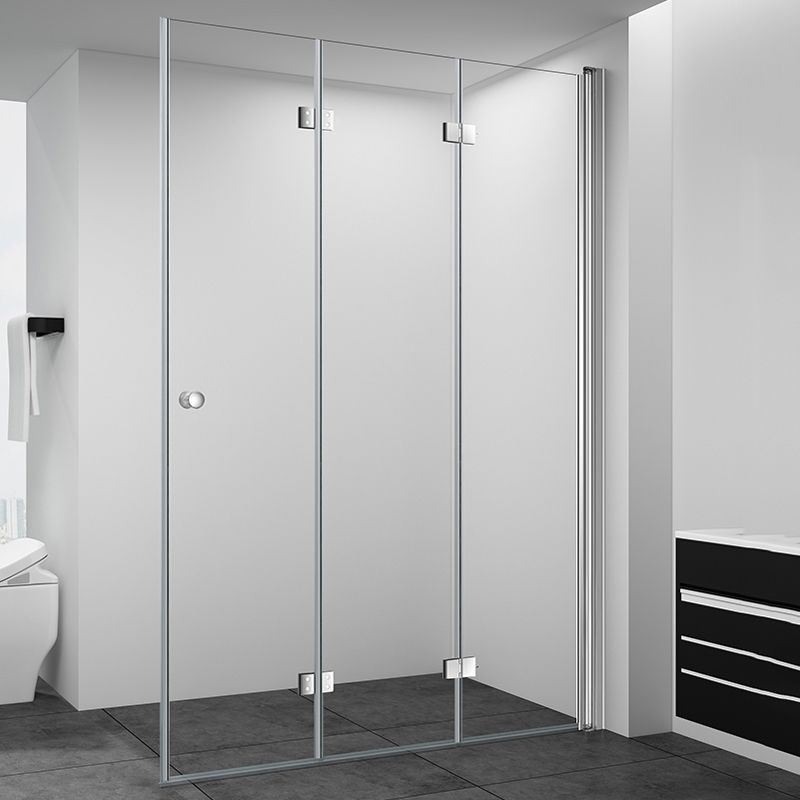 Silver Tempered Glass Folding Hinge Frameless Shower Bath Door Clearhalo 'Bathroom Remodel & Bathroom Fixtures' 'Home Improvement' 'home_improvement' 'home_improvement_shower_tub_doors' 'Shower and Tub Doors' 'shower_tub_doors' 'Showers & Bathtubs' 1200x1200_538ccb5d-108c-4737-8dee-01b22dadb42e
