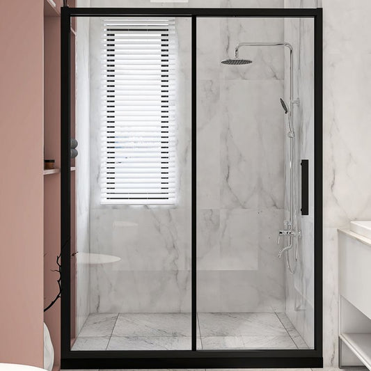 Modern Black Frame Shower Bath Door Transparent Single Sliding Shower Door Clearhalo 'Bathroom Remodel & Bathroom Fixtures' 'Home Improvement' 'home_improvement' 'home_improvement_shower_tub_doors' 'Shower and Tub Doors' 'shower_tub_doors' 'Showers & Bathtubs' 1200x1200_539d6053-ad88-4e6d-b1ae-3ec3b083ad0b