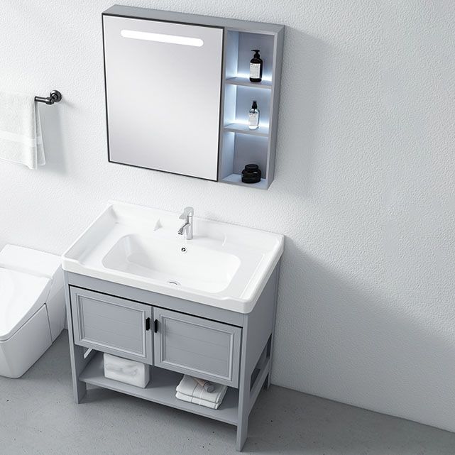 Shelving Included Bath Vanity Freestanding Grey Single Sink 2 Doors Metal Frame Vanity Clearhalo 'Bathroom Remodel & Bathroom Fixtures' 'Bathroom Vanities' 'bathroom_vanities' 'Home Improvement' 'home_improvement' 'home_improvement_bathroom_vanities' 1200x1200_53f1eced-287d-4517-ba69-bb3d070df31f