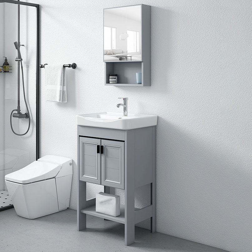 Shelving Included Bath Vanity Freestanding Grey Single Sink 2 Doors Metal Frame Vanity Clearhalo 'Bathroom Remodel & Bathroom Fixtures' 'Bathroom Vanities' 'bathroom_vanities' 'Home Improvement' 'home_improvement' 'home_improvement_bathroom_vanities' 1200x1200_5506c520-6120-42d9-90b4-833e5bdb252d