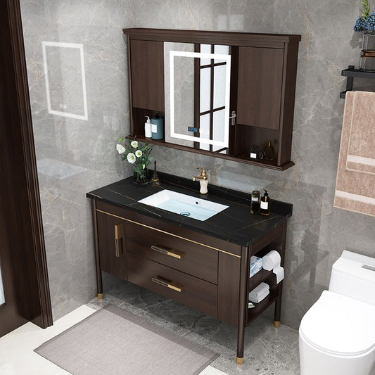 Wood Frame Bathroom Vanity Drawers Single Sink Rectangle Freestanding Vanity with Mirror Clearhalo 'Bathroom Remodel & Bathroom Fixtures' 'Bathroom Vanities' 'bathroom_vanities' 'Home Improvement' 'home_improvement' 'home_improvement_bathroom_vanities' 1200x1200_556bda31-8cdc-4079-9882-591b14153ce0