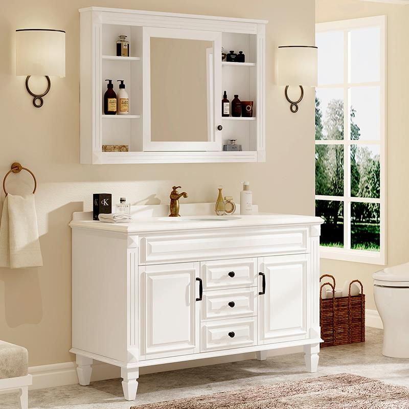 2 Doors Vanity Wood Frame Mirror Freestanding Oval Single Sink Drawers Bath Vanity Clearhalo 'Bathroom Remodel & Bathroom Fixtures' 'Bathroom Vanities' 'bathroom_vanities' 'Home Improvement' 'home_improvement' 'home_improvement_bathroom_vanities' 1200x1200_556c9f26-6179-45b4-9382-73974c6f679b