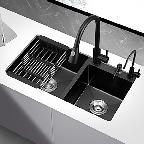 Double Bowl Stainless Steel Sink in black with Strainer Drop-In Kitchen Sink Clearhalo 'Home Improvement' 'home_improvement' 'home_improvement_kitchen_sinks' 'Kitchen Remodel & Kitchen Fixtures' 'Kitchen Sinks & Faucet Components' 'Kitchen Sinks' 'kitchen_sinks' 1200x1200_556e05af-d90b-4ffa-8c31-79d4d05782f4
