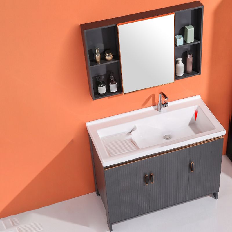 Waterproof Vanity Grey Single Sink Freestanding Mirror Rectangular Bath Vanity with Doors Clearhalo 'Bathroom Remodel & Bathroom Fixtures' 'Bathroom Vanities' 'bathroom_vanities' 'Home Improvement' 'home_improvement' 'home_improvement_bathroom_vanities' 1200x1200_560efa98-f683-4306-bbf3-6bc55c33269e