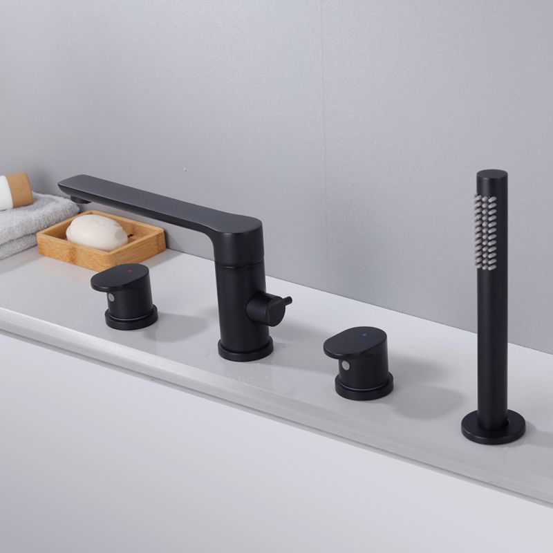 Modern Deck Mounted Metal Freestanding Tub Filler Low Arc Freestanding Faucet in Black Clearhalo 'Bathroom Remodel & Bathroom Fixtures' 'Bathtub Faucets' 'bathtub_faucets' 'Home Improvement' 'home_improvement' 'home_improvement_bathtub_faucets' 1200x1200_5730a40f-86ed-476c-9099-19c16cd44f80