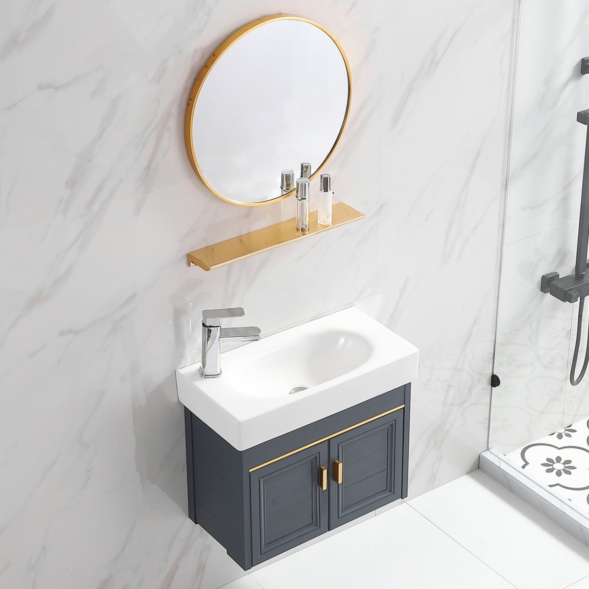 Glam Single Bath Vanity Metal Frame Wall Mount Blue Sink Vanity Clearhalo 'Bathroom Remodel & Bathroom Fixtures' 'Bathroom Vanities' 'bathroom_vanities' 'Home Improvement' 'home_improvement' 'home_improvement_bathroom_vanities' 1200x1200_58034301-1751-464c-a2a1-7ce0db959b5d