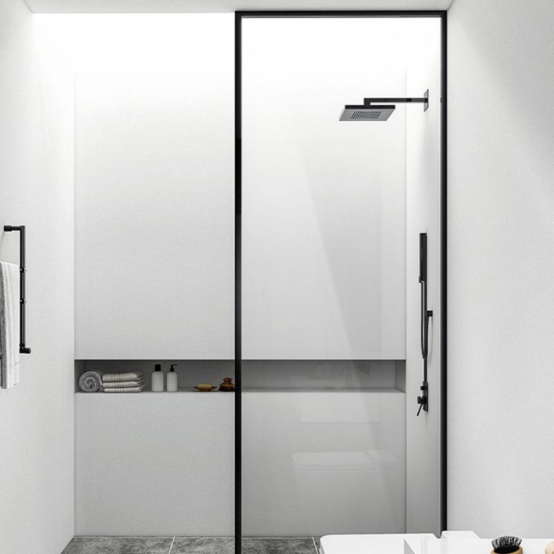 Black Full Frame One-shaped Fixed Semi-partition Shower Screen Clearhalo 'Bathroom Remodel & Bathroom Fixtures' 'Home Improvement' 'home_improvement' 'home_improvement_shower_tub_doors' 'Shower and Tub Doors' 'shower_tub_doors' 'Showers & Bathtubs' 1200x1200_5804b14b-6fce-4403-8500-978d6695af6b