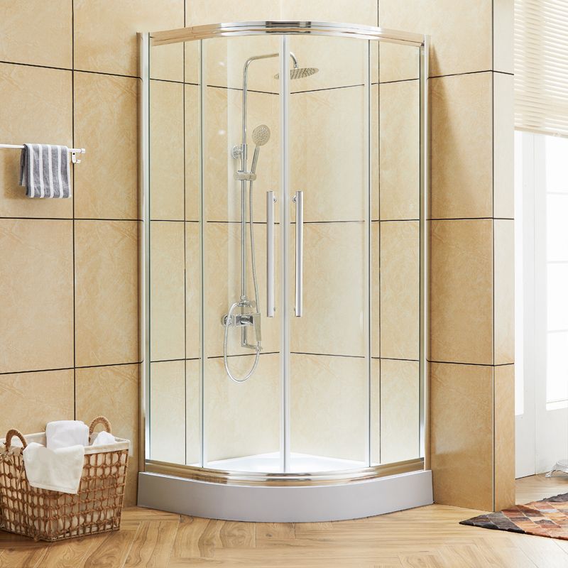 Rounded Framed Shower Enclosure Tempered Glass Double Sliding Shower Kit Clearhalo 'Bathroom Remodel & Bathroom Fixtures' 'Home Improvement' 'home_improvement' 'home_improvement_shower_stalls_enclosures' 'Shower Stalls & Enclosures' 'shower_stalls_enclosures' 'Showers & Bathtubs' 1200x1200_584d6f8a-b18f-480e-94e7-6a491fce093c