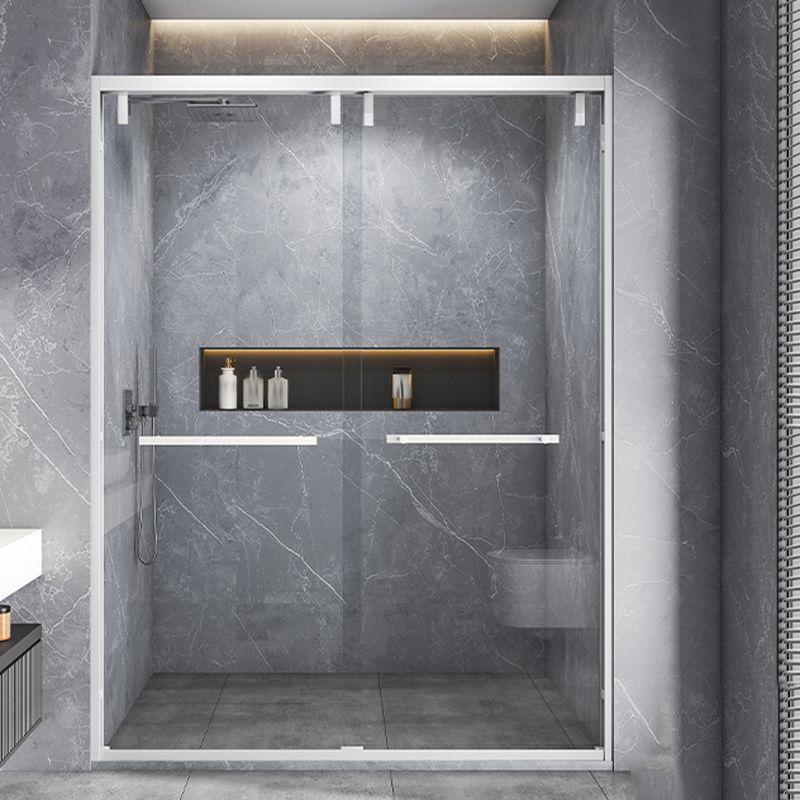 White Double Sliding Shower Door with Semi Frameless 304 Stainless Steel Frame Clearhalo 'Bathroom Remodel & Bathroom Fixtures' 'Home Improvement' 'home_improvement' 'home_improvement_shower_tub_doors' 'Shower and Tub Doors' 'shower_tub_doors' 'Showers & Bathtubs' 1200x1200_5a7d2c77-434b-4ac1-bdc0-77137505e1cb