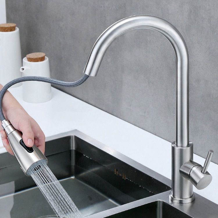 Modern Style Kitchen Faucet Stainless Steel 1-Handle Retractable Kitchen Faucet Clearhalo 'Home Improvement' 'home_improvement' 'home_improvement_kitchen_faucets' 'Kitchen Faucets' 'Kitchen Remodel & Kitchen Fixtures' 'Kitchen Sinks & Faucet Components' 'kitchen_faucets' 1200x1200_5acc0c7a-d226-4ab0-8b31-9deb333946dd