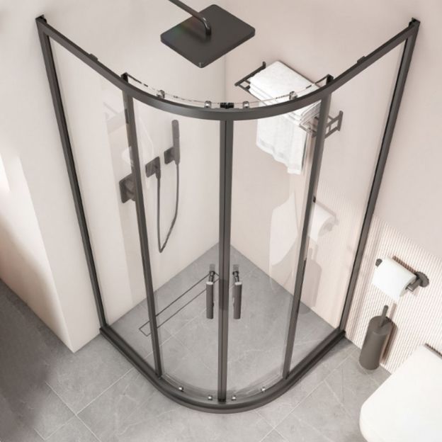 Black Full Frame Curved Tempered Glass Double Slide Shower Door Clearhalo 'Bathroom Remodel & Bathroom Fixtures' 'Home Improvement' 'home_improvement' 'home_improvement_shower_tub_doors' 'Shower and Tub Doors' 'shower_tub_doors' 'Showers & Bathtubs' 1200x1200_5acdbe38-9785-4aed-8fb0-01310ad5610c