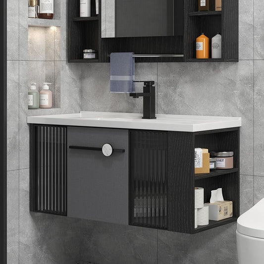 Modern Wall Mount Bathroom Vanity Black Glass Single-Sink Rectangular Vanity Sink Clearhalo 'Bathroom Remodel & Bathroom Fixtures' 'Bathroom Vanities' 'bathroom_vanities' 'Home Improvement' 'home_improvement' 'home_improvement_bathroom_vanities' 1200x1200_5ae05af3-6c18-48ae-883b-d7eff94d7c04