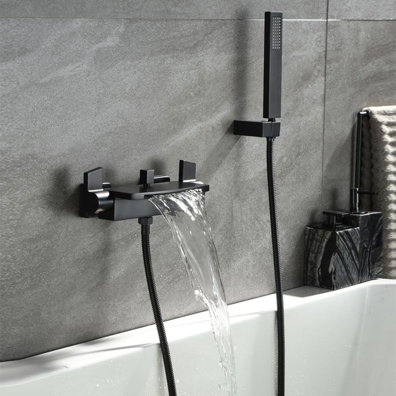 Wall Mounted Metal Tub Filler Low Arc Waterfall Double Handles Tub Faucet Trim Clearhalo 'Bathroom Remodel & Bathroom Fixtures' 'Bathtub Faucets' 'bathtub_faucets' 'Home Improvement' 'home_improvement' 'home_improvement_bathtub_faucets' 1200x1200_5e714191-5840-4dd3-addf-b2c003a11ee3