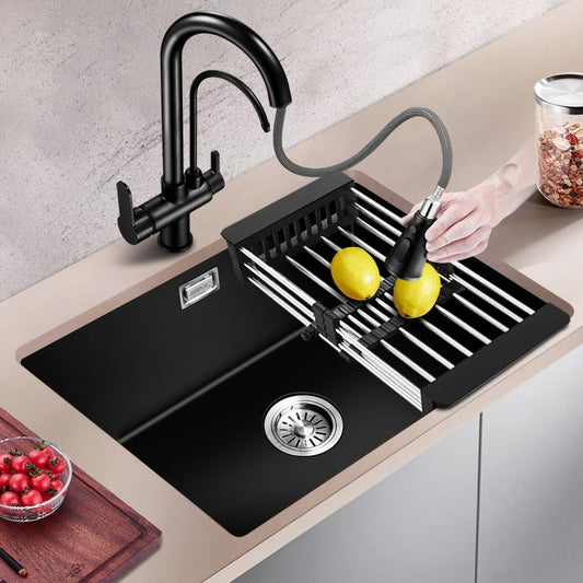 Black Quartz Kitchen Sink Contemporary Single Bowl Sink with Basket Strainer Clearhalo 'Home Improvement' 'home_improvement' 'home_improvement_kitchen_sinks' 'Kitchen Remodel & Kitchen Fixtures' 'Kitchen Sinks & Faucet Components' 'Kitchen Sinks' 'kitchen_sinks' 1200x1200_5e88785f-9d4b-49b0-bc9f-88d928d32445