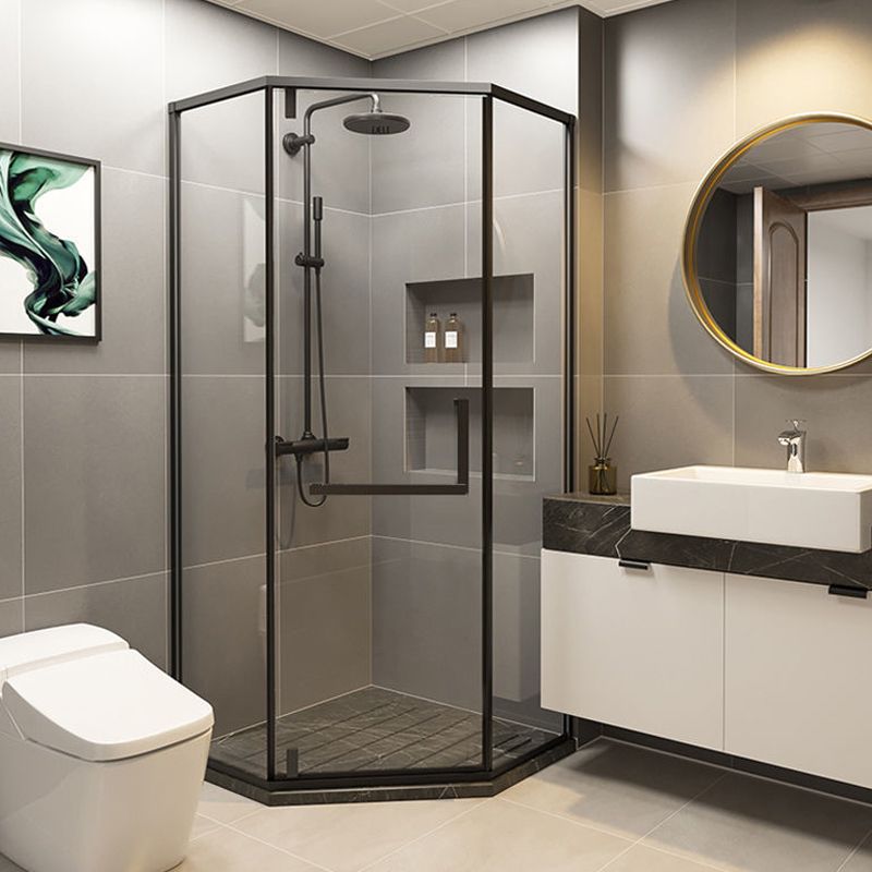 Contemporary Black Shower Enclosure Neo-Angle Semi-Frameless Clear Shower Enclosure Clearhalo 'Bathroom Remodel & Bathroom Fixtures' 'Home Improvement' 'home_improvement' 'home_improvement_shower_stalls_enclosures' 'Shower Stalls & Enclosures' 'shower_stalls_enclosures' 'Showers & Bathtubs' 1200x1200_5f8560ef-f434-4765-be48-dcfba1e297de
