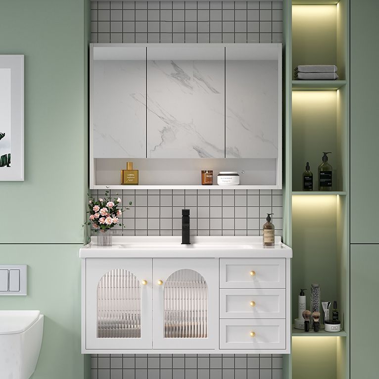 Glam Vanity White Single Sink Wall Mount Wood Frame Rectangular Mirror Bath Vanity Clearhalo 'Bathroom Remodel & Bathroom Fixtures' 'Bathroom Vanities' 'bathroom_vanities' 'Home Improvement' 'home_improvement' 'home_improvement_bathroom_vanities' 1200x1200_60194edd-69a8-4c75-bb45-7dab5e36533a