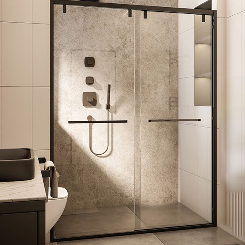 Black Stainless Steel Narrow Frame Semi Frameless Double Sliding Shower Door Clearhalo 'Bathroom Remodel & Bathroom Fixtures' 'Home Improvement' 'home_improvement' 'home_improvement_shower_tub_doors' 'Shower and Tub Doors' 'shower_tub_doors' 'Showers & Bathtubs' 1200x1200_602ceee1-9f68-4cf3-b99e-dd6691c2937f
