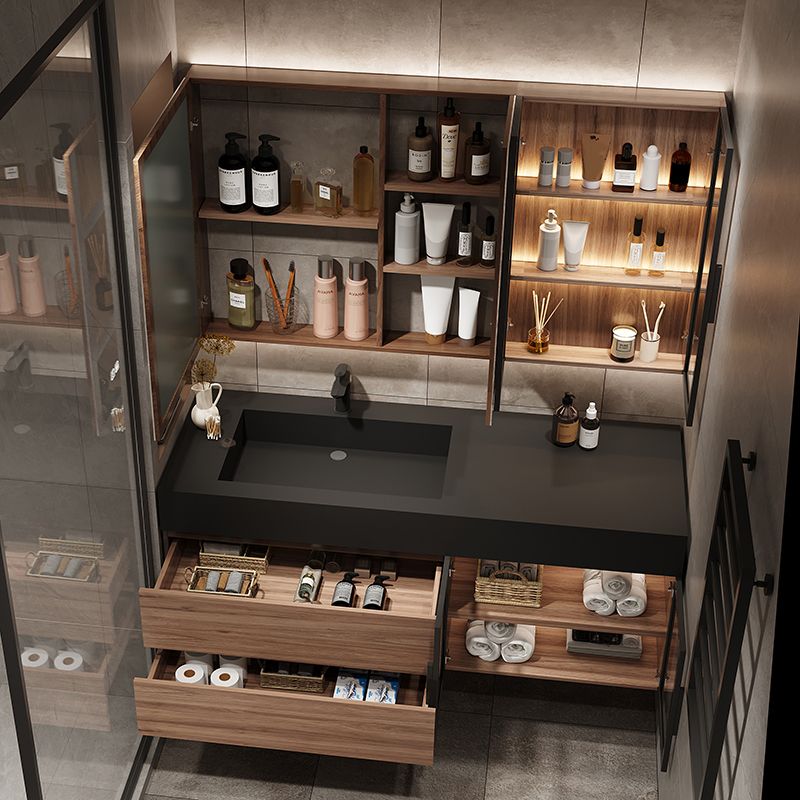 Waterproof Vanity Single Sink Drawers Wood Frame Wall-Mounted Vanity with Mirror Clearhalo 'Bathroom Remodel & Bathroom Fixtures' 'Bathroom Vanities' 'bathroom_vanities' 'Home Improvement' 'home_improvement' 'home_improvement_bathroom_vanities' 1200x1200_6142dfa9-ef13-47bf-aa9b-2d57a8f0e886