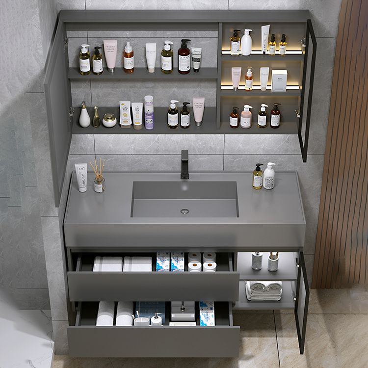 Wood Frame Bathroom Vanity Grey 2 Drawers Single Sink Mirror Wall Mount Rectangular Vanity Clearhalo 'Bathroom Remodel & Bathroom Fixtures' 'Bathroom Vanities' 'bathroom_vanities' 'Home Improvement' 'home_improvement' 'home_improvement_bathroom_vanities' 1200x1200_61512798-b103-40fb-a082-57b62ab70b9a