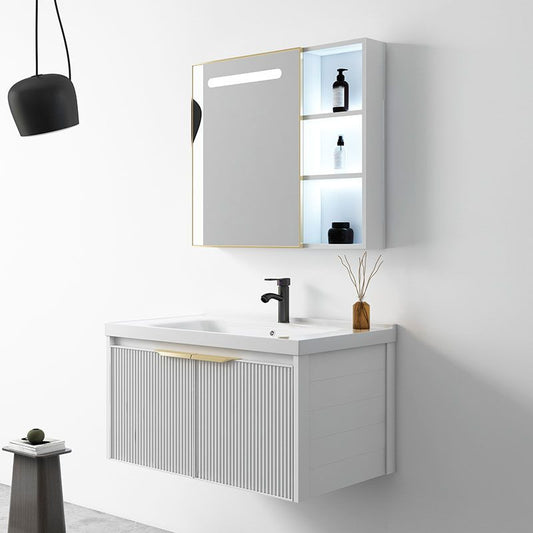 Rectangular White Vanity Single Sink Wall Mount 2 Doors Faucet Metal Frame Mirror Vanity Clearhalo 'Bathroom Remodel & Bathroom Fixtures' 'Bathroom Vanities' 'bathroom_vanities' 'Home Improvement' 'home_improvement' 'home_improvement_bathroom_vanities' 1200x1200_61b05269-8134-4c05-8b16-da4f28a649e4