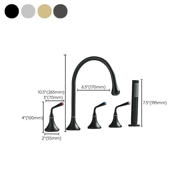 Modern Deck Mounted Metal Tub Filler Three Handles High Arch Faucet Clearhalo 'Bathroom Remodel & Bathroom Fixtures' 'Bathtub Faucets' 'bathtub_faucets' 'Home Improvement' 'home_improvement' 'home_improvement_bathtub_faucets' 1200x1200_637e52ea-affe-4db8-a1a9-0bfeefc7ea8a