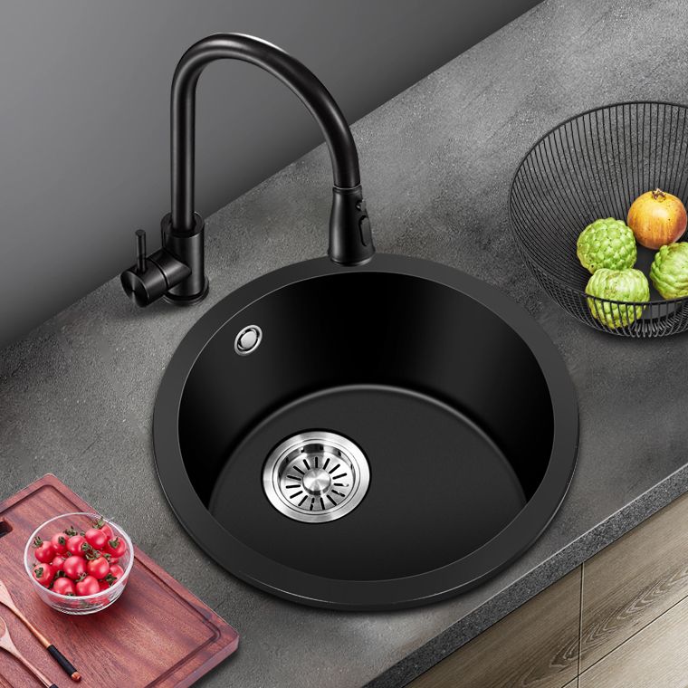 Black Quartz Kitchen Sink Round Single Bowl Sink with Basket Strainer Clearhalo 'Home Improvement' 'home_improvement' 'home_improvement_kitchen_sinks' 'Kitchen Remodel & Kitchen Fixtures' 'Kitchen Sinks & Faucet Components' 'Kitchen Sinks' 'kitchen_sinks' 1200x1200_64fe80a8-081e-4351-828e-900e579107dd