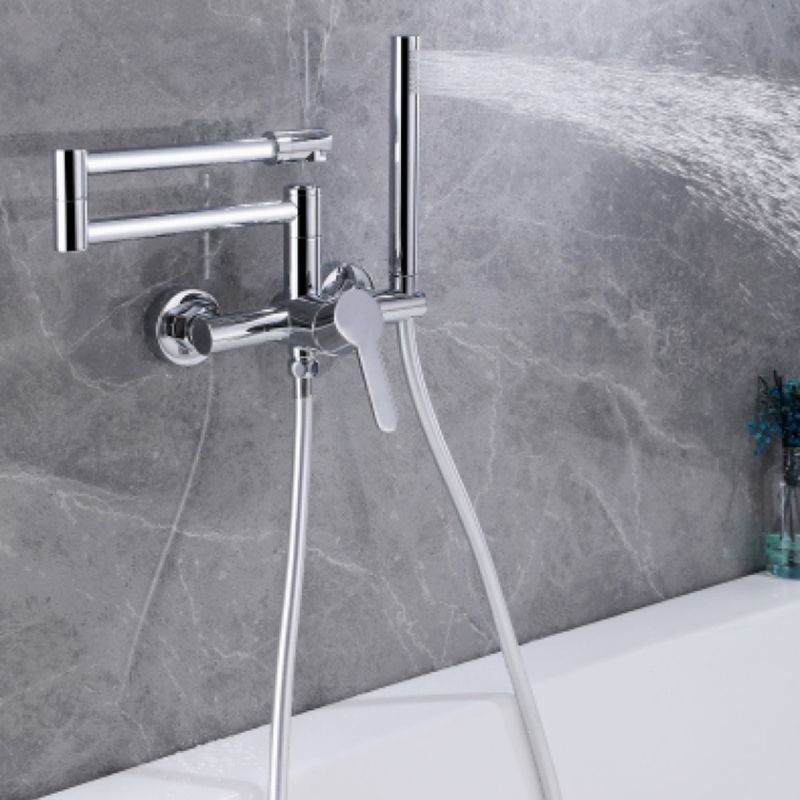 Wall Mounted Metal Tub Filler Low Arc Waterfall Bathroom Faucet with Hose Clearhalo 'Bathroom Remodel & Bathroom Fixtures' 'Bathtub Faucets' 'bathtub_faucets' 'Home Improvement' 'home_improvement' 'home_improvement_bathtub_faucets' 1200x1200_652d9622-0229-42cb-bdbb-3a907e2d3a9e
