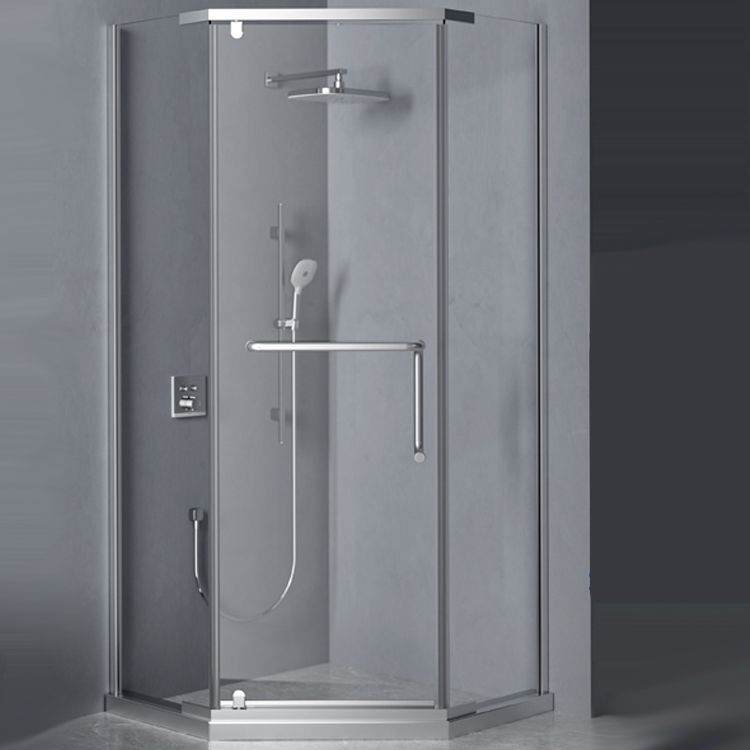 Black and Silver Neo-Angle Shower Enclosure Tempered Glass Shower Enclosure Clearhalo 'Bathroom Remodel & Bathroom Fixtures' 'Home Improvement' 'home_improvement' 'home_improvement_shower_stalls_enclosures' 'Shower Stalls & Enclosures' 'shower_stalls_enclosures' 'Showers & Bathtubs' 1200x1200_66020f28-6c6c-4894-9795-2b94d55c388f