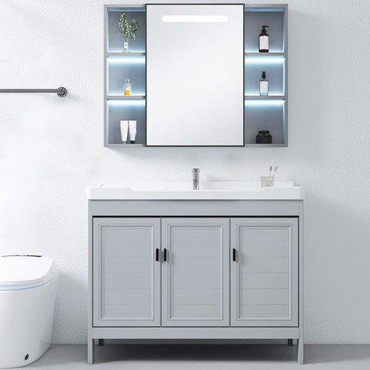 Vanity Glam Mirror Single Sink Metal Frame Freestanding Grey Faucet Vanity with Doors Clearhalo 'Bathroom Remodel & Bathroom Fixtures' 'Bathroom Vanities' 'bathroom_vanities' 'Home Improvement' 'home_improvement' 'home_improvement_bathroom_vanities' 1200x1200_66aea92b-87b2-46d8-bc76-75e495ff7f9d