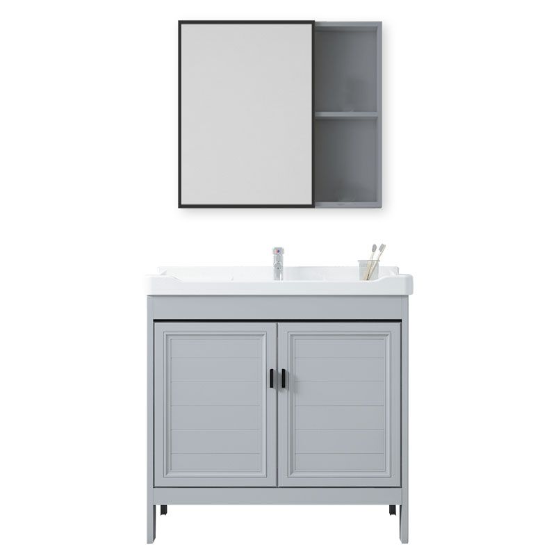 Vanity Glam Mirror Single Sink Metal Frame Freestanding Grey Faucet Vanity with Doors Clearhalo 'Bathroom Remodel & Bathroom Fixtures' 'Bathroom Vanities' 'bathroom_vanities' 'Home Improvement' 'home_improvement' 'home_improvement_bathroom_vanities' 1200x1200_678b12ff-d08b-46a0-8e39-226cf9894b85