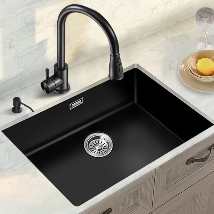 Black Quartz Kitchen Sink Contemporary Single Bowl Sink with Basket Strainer Clearhalo 'Home Improvement' 'home_improvement' 'home_improvement_kitchen_sinks' 'Kitchen Remodel & Kitchen Fixtures' 'Kitchen Sinks & Faucet Components' 'Kitchen Sinks' 'kitchen_sinks' 1200x1200_67dcc186-f11f-4baf-8c6b-03e136722f4a