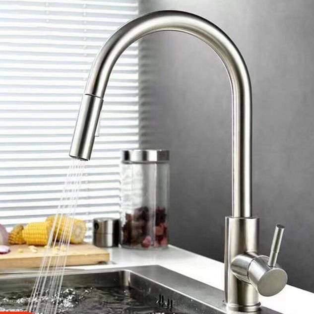 Modern Style Kitchen Faucet Stainless Steel 1-Handle Gooseneck Kitchen Faucet Clearhalo 'Home Improvement' 'home_improvement' 'home_improvement_kitchen_faucets' 'Kitchen Faucets' 'Kitchen Remodel & Kitchen Fixtures' 'Kitchen Sinks & Faucet Components' 'kitchen_faucets' 1200x1200_683d6494-744d-42a4-aa76-5fe702dbd5b9