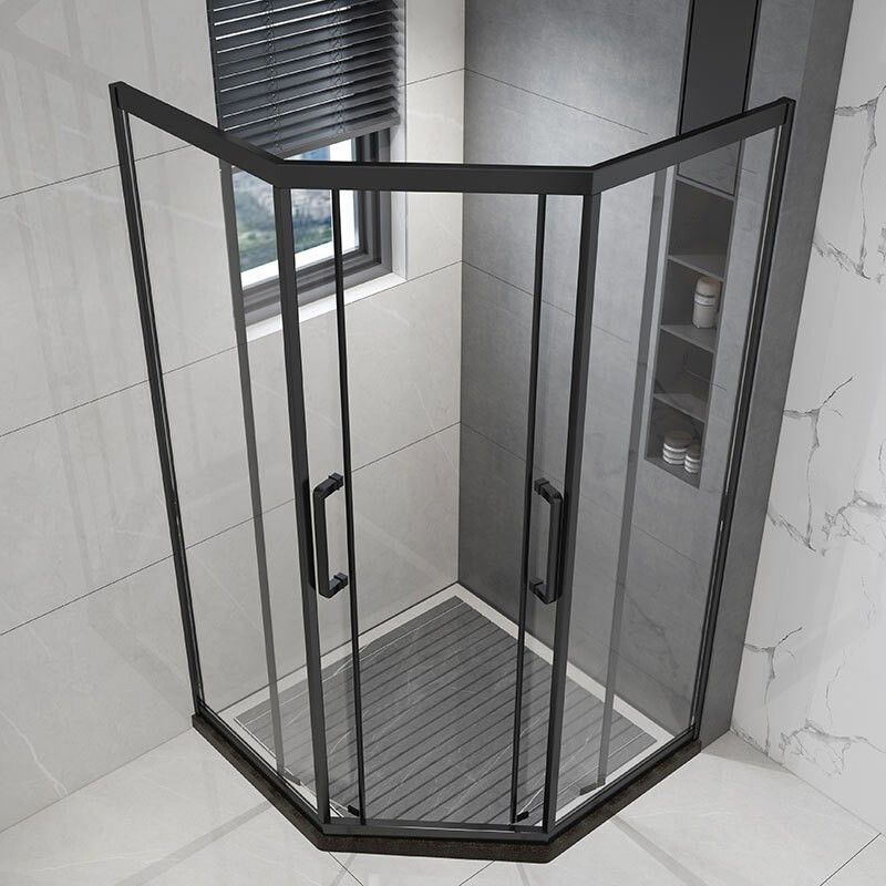 Framed Black Shower Enclosure Double Sliding Neo-Angle Shower Enclosure Clearhalo 'Bathroom Remodel & Bathroom Fixtures' 'Home Improvement' 'home_improvement' 'home_improvement_shower_stalls_enclosures' 'Shower Stalls & Enclosures' 'shower_stalls_enclosures' 'Showers & Bathtubs' 1200x1200_683e635a-0238-4a86-8c27-56ee020514c2