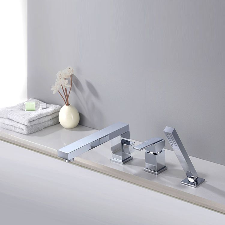 Contemporary Deck Mounted Roman Metal Tub Faucet Low Arc Roman Tub Faucet Set Clearhalo 'Bathroom Remodel & Bathroom Fixtures' 'Bathtub Faucets' 'bathtub_faucets' 'Home Improvement' 'home_improvement' 'home_improvement_bathtub_faucets' 1200x1200_68cc4c2a-368e-411b-9a66-4e65d42a3619