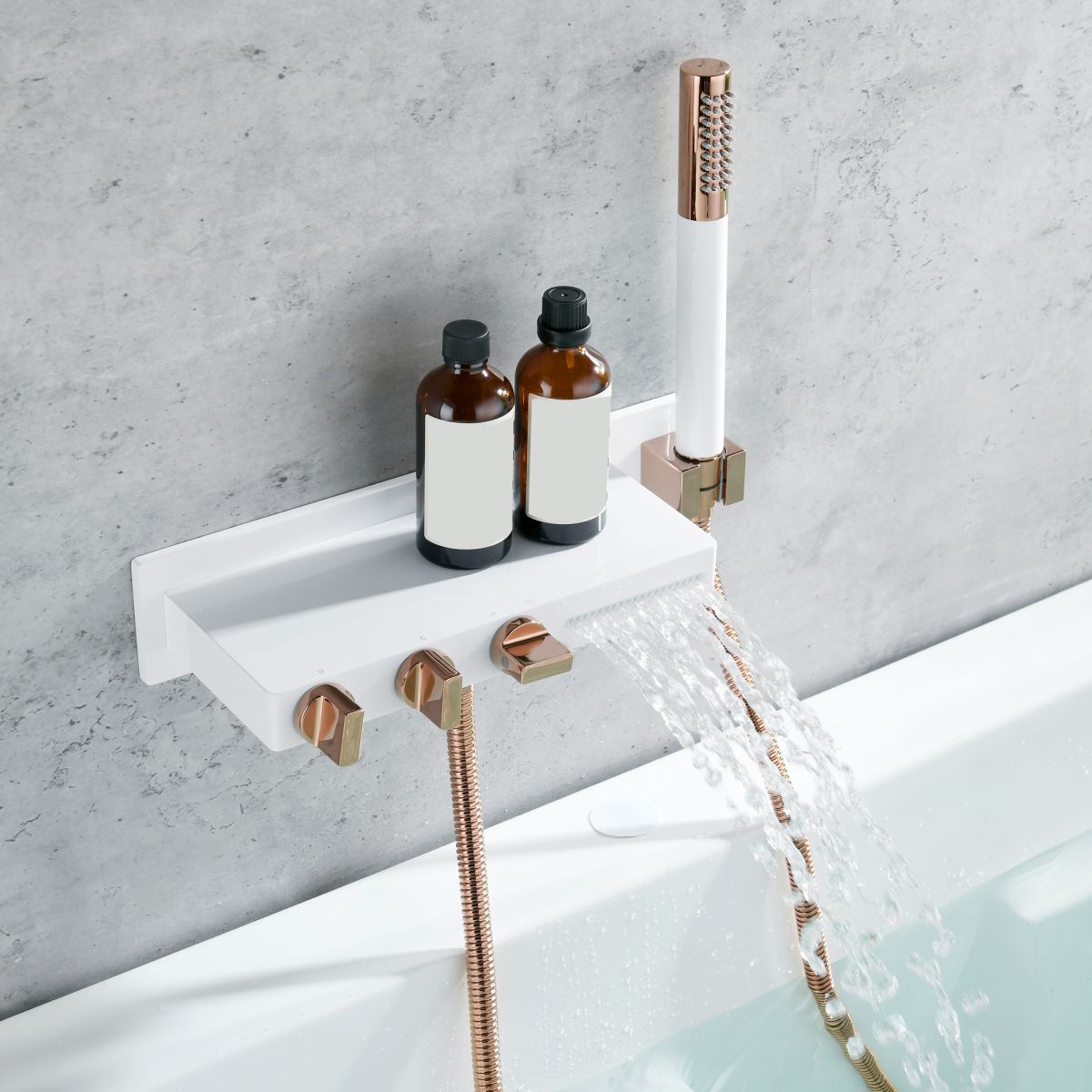 Wall Mount Tub Filler Modern Brass Triple Knob Handle Waterfall Tub Filler with Handshower Clearhalo 'Bathroom Remodel & Bathroom Fixtures' 'Bathtub Faucets' 'bathtub_faucets' 'Home Improvement' 'home_improvement' 'home_improvement_bathtub_faucets' 1200x1200_69156834-27ef-42cc-8363-03cfc16d4692